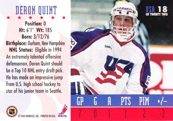 1993-94 Donruss - 1994 World Junior Championship USA #USA 18 Deron Quint Back