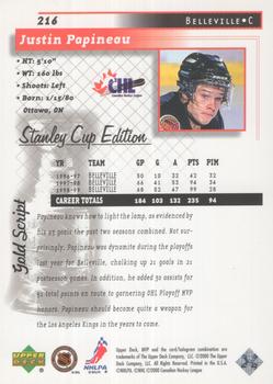 1999-00 Upper Deck MVP Stanley Cup Edition - Gold Script #216 Justin Papineau Back