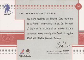 2000-01 Be a Player Memorabilia - Game Jersey Emblems #E-2 Mats Sundin Back