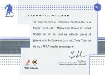 2000-01 Be a Player Memorabilia - Rookie & Traded Update Teammates Memorabilia #TM-13 Darren McCarty / Steve Yzerman Back