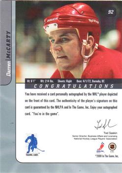 2000-01 Be a Player Signature Series - Autographs #92 Darren McCarty Back