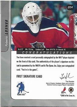2000-01 Be a Player Signature Series - Autographs #204 Roberto Luongo Back