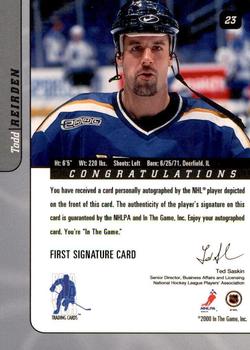 2000-01 Be a Player Signature Series - Autographs Gold #23 Todd Reirden Back
