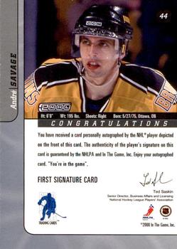 2000-01 Be a Player Signature Series - Autographs Gold #44 Andre Savage Back