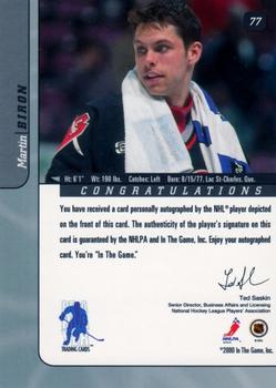 2000-01 Be a Player Signature Series - Autographs Gold #77 Martin Biron Back