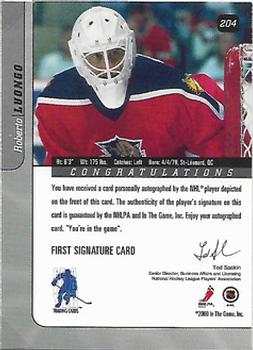 2000-01 Be a Player Signature Series - Autographs Gold #204 Roberto Luongo Back