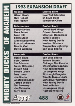 1993-94 Score #488 Mighty Ducks of Anaheim Logo Back