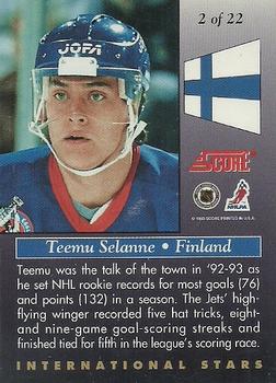 1993-94 Score - International Stars #2 Teemu Selanne Back