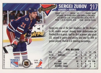 1993-94 Topps Premier #217 Sergei Zubov Back
