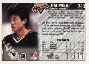 1993-94 Topps Premier #243 Jim Paek Back