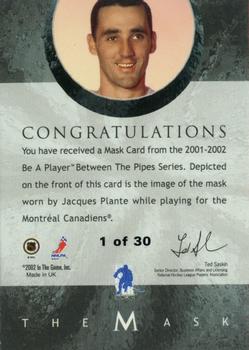 2001-02 Be a Player Between the Pipes - The Mask Gold #NNO Jacques Plante Back