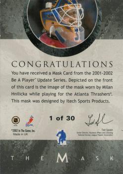 2001-02 Be a Player Between the Pipes - The Mask Gold #NNO Milan Hnilicka Back