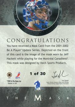 2001-02 Be a Player Between the Pipes - The Mask Gold #NNO Jeff Hackett Back