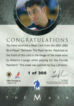 2001-02 Be a Player Between the Pipes - The Mask Silver #NNO Roberto Luongo Back
