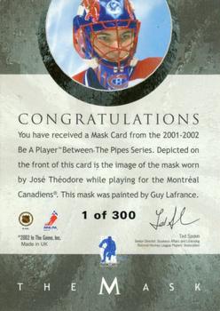 2001-02 Be a Player Between the Pipes - The Mask Silver #NNO Jose Theodore Back
