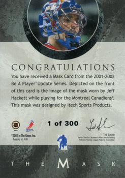 2001-02 Be a Player Between the Pipes - The Mask Silver #NNO Jeff Hackett Back