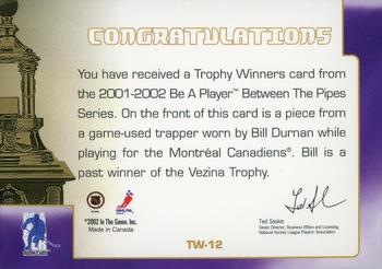 2001-02 Be a Player Between the Pipes - Trophy Winners #TW-12 Bill Durnan Back