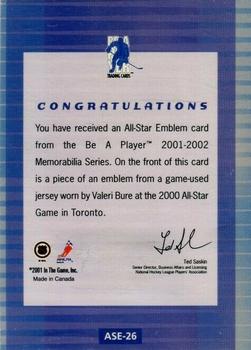 2001-02 Be a Player Memorabilia - All-Star Emblems #ASE-26 Valeri Bure Back