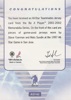 2001-02 Be a Player Memorabilia - All-Star Teammates #AST-43 Steve Yzerman / Mats Sundin Back