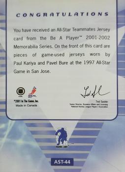 2001-02 Be a Player Memorabilia - All-Star Teammates #AST-44 Paul Kariya / Pavel Bure Back