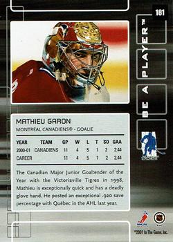 2001-02 Be a Player Memorabilia - Chicago Sun-Times Emerald #181 Mathieu Garon Back