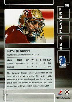 2001-02 Be a Player Memorabilia - Chicago Sun-Times Sapphire #181 Mathieu Garon Back