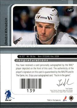 2001-02 Be a Player Signature Series - Autographs #147 Dmitri Khristich Back