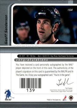 2001-02 Be a Player Signature Series - Autographs #154 Geoff Sanderson Back