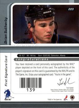 2001-02 Be a Player Signature Series - Autographs #223 Brian Sutherby Back