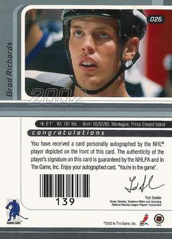 2001-02 Be a Player Signature Series - Autographs Gold #026 Brad Richards Back