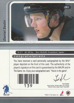 2001-02 Be a Player Signature Series - Autographs Gold #051 Daniel Sedin Back