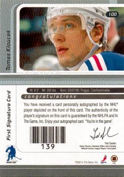 2001-02 Be a Player Signature Series - Autographs Gold #100 Tomas Kloucek Back