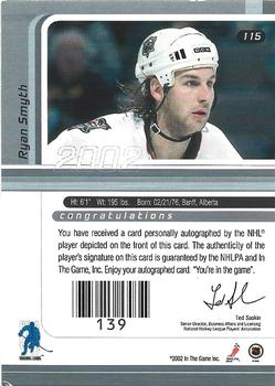 2001-02 Be a Player Signature Series - Autographs Gold #115 Ryan Smyth Back