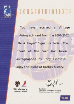 2001-02 Be a Player Signature Series - Vintage Autographs #VA-1 Tony Esposito Back