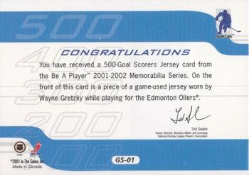 2001-02 Be a Player Memorabilia - 500 Goal Scorers Jersey #GS-01 Wayne Gretzky Back