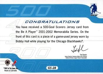 2001-02 Be a Player Memorabilia - 500 Goal Scorers Jersey #GS-28 Bobby Hull Back