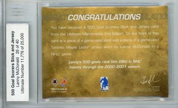 2001-02 Be A Player Ultimate Memorabilia - 500 Goal Scorers Jerseys and Sticks #18 Lanny McDonald Back