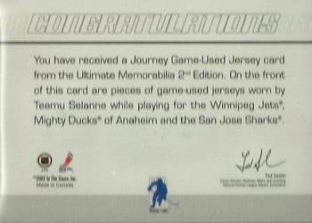 2001-02 Be A Player Ultimate Memorabilia - Journey Jerseys #13 Teemu Selanne Back