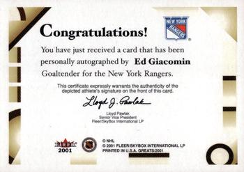 2001-02 Fleer Greats of the Game - Autographs #NNO Ed Giacomin Back