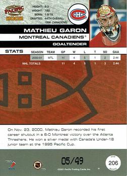2001-02 Pacific - Extreme LTD #206 Mathieu Garon Back