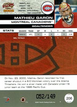 2001-02 Pacific - Retail LTD #206 Mathieu Garon Back