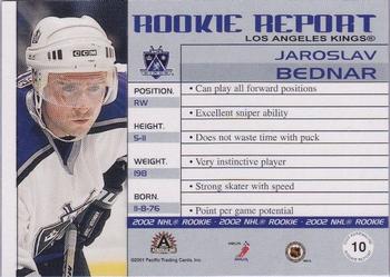 2001-02 Pacific Adrenaline - Rookie Report #10 Jaroslav Bednar Back