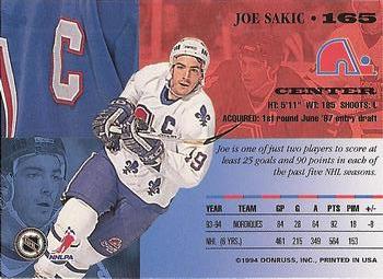 1994-95 Leaf #165 Joe Sakic Back