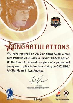 2002-03 Be a Player All-Star Edition - Jerseys #AS-51 Mario Lemieux Back