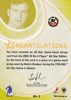 2002-03 Be a Player All-Star Edition - Jerseys Gold #AS-7 Martin Brodeur Back