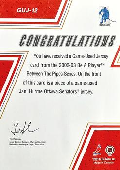 2002-03 Be a Player Between the Pipes - Game-Used Jerseys #GUJ-12 Jani Hurme Back