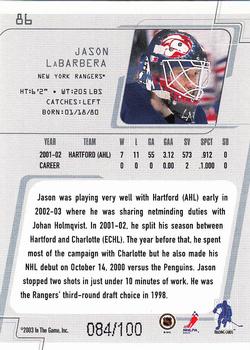 2002-03 Be a Player Between the Pipes - Silver #86 Jason LaBarbera Back