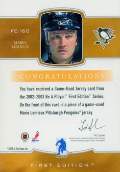 2002-03 Be a Player First Edition - Game-Used Jerseys #FE-160 Mario Lemieux Back