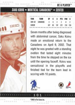 2002-03 Be a Player Memorabilia - NHL All-Star Game #181 Saku Koivu Back