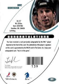 2002-03 Be a Player Signature Series - Autographs #011 Dave Andreychuk Back
